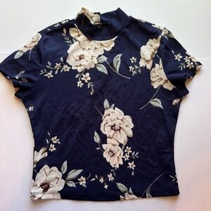 Floral Shein Womens Crop Blouse Size Large Blue Evening